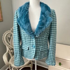 Arden B. Teal Houndstooth Faux Fur Blazer